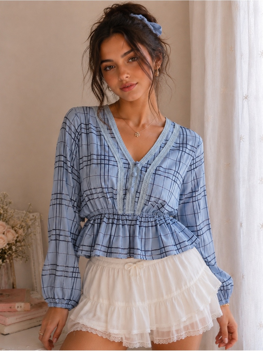 WAAD X FASHION Soft Coquette Plaid Babydoll Blouse Medium